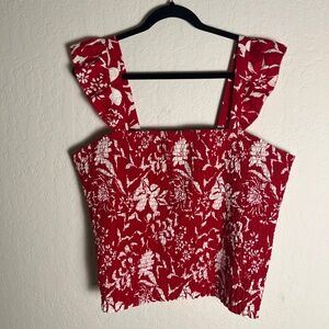 Old Navy, XXL Red and white floral fitted smocked top with ruffled straps.